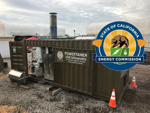 ALL Power Labs Powertainer containerized biomass gasifier with CEC branding